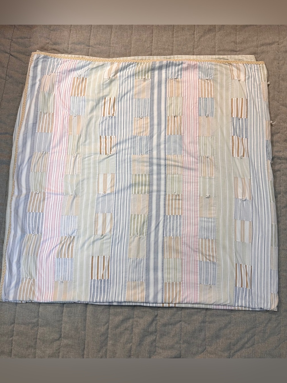 VTG Tommy Hilfiger Patchwork Tie Quilt Coverlet 88x86” Cotton Pastels Stripes